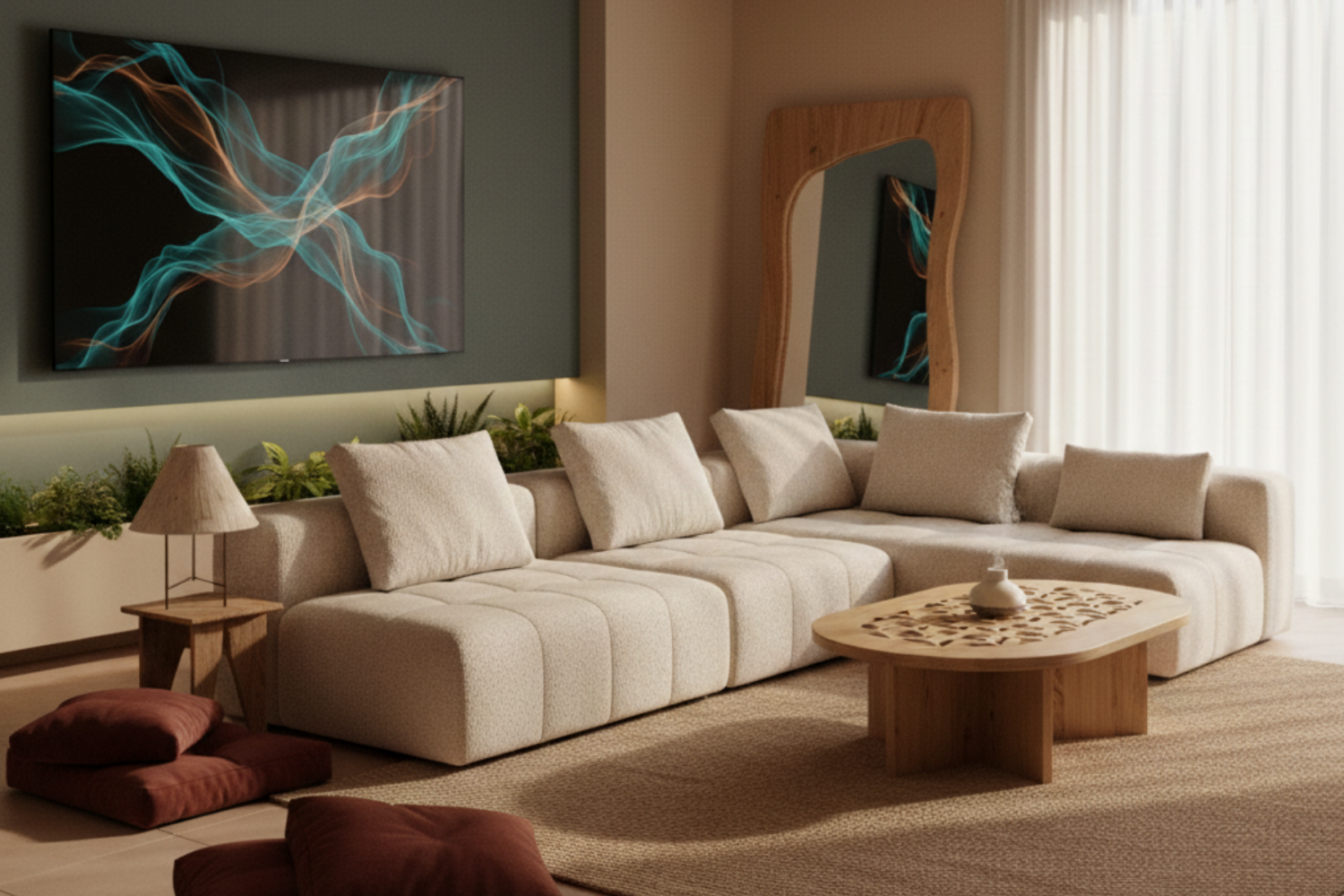 2026 dekorasyon trendlerine uygun, kavisli formda kadife koltuk ve sıcak toprak tonlarında duvar tasarımı.