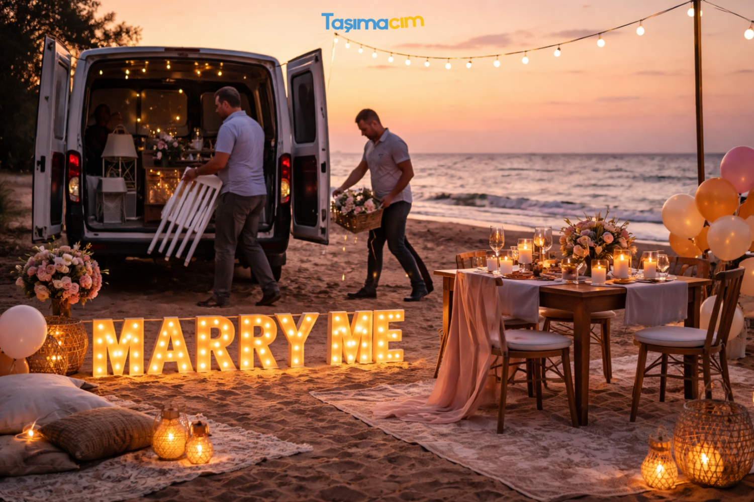 Romantik evlilik teklifi organizasyonu için masa, dekor eşyaları ve güvenli taşıma sürecini gösteren konsept görsel
