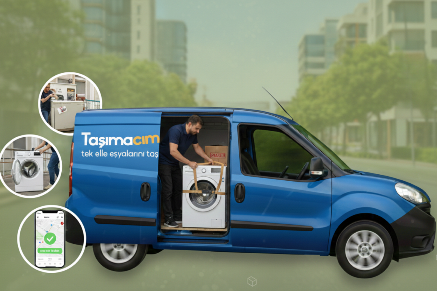 Çamaşır makinesinin panelvan araçla güvenli şekilde taşınması.