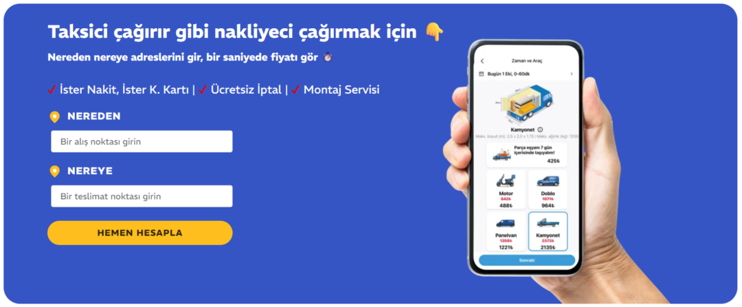 Adres girerek fiyat alınabilen, planlı ve modern nakliye uygulaması kullanımını gösteren şehir içi taşıma görseli
