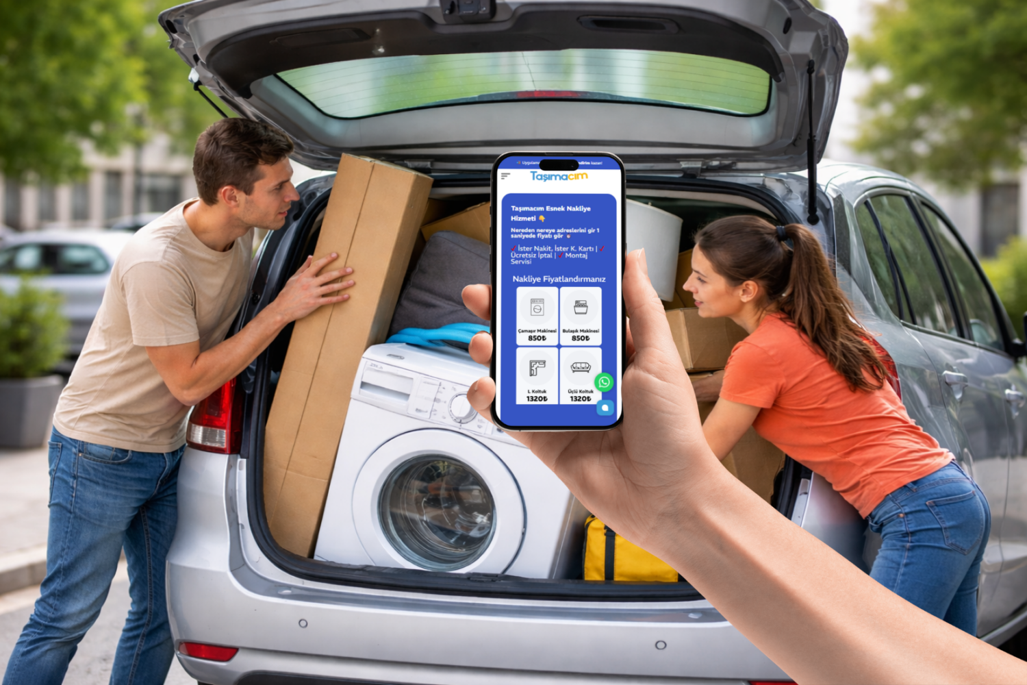 Arabaya sığmayan koltuk ve çamaşır makinesinin panelvan araçla taşındığını gösteren şehir içi nakliye illüstrasyonu.