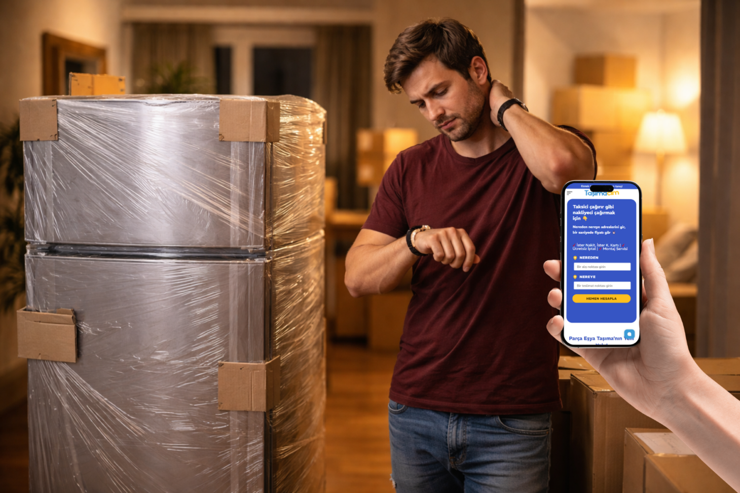 Evde tek bir eşyayı taşımaya çalışırken etrafı kutularla dolu ve stresli görünen bir kişi, zaman kaybını temsil eden sahne.