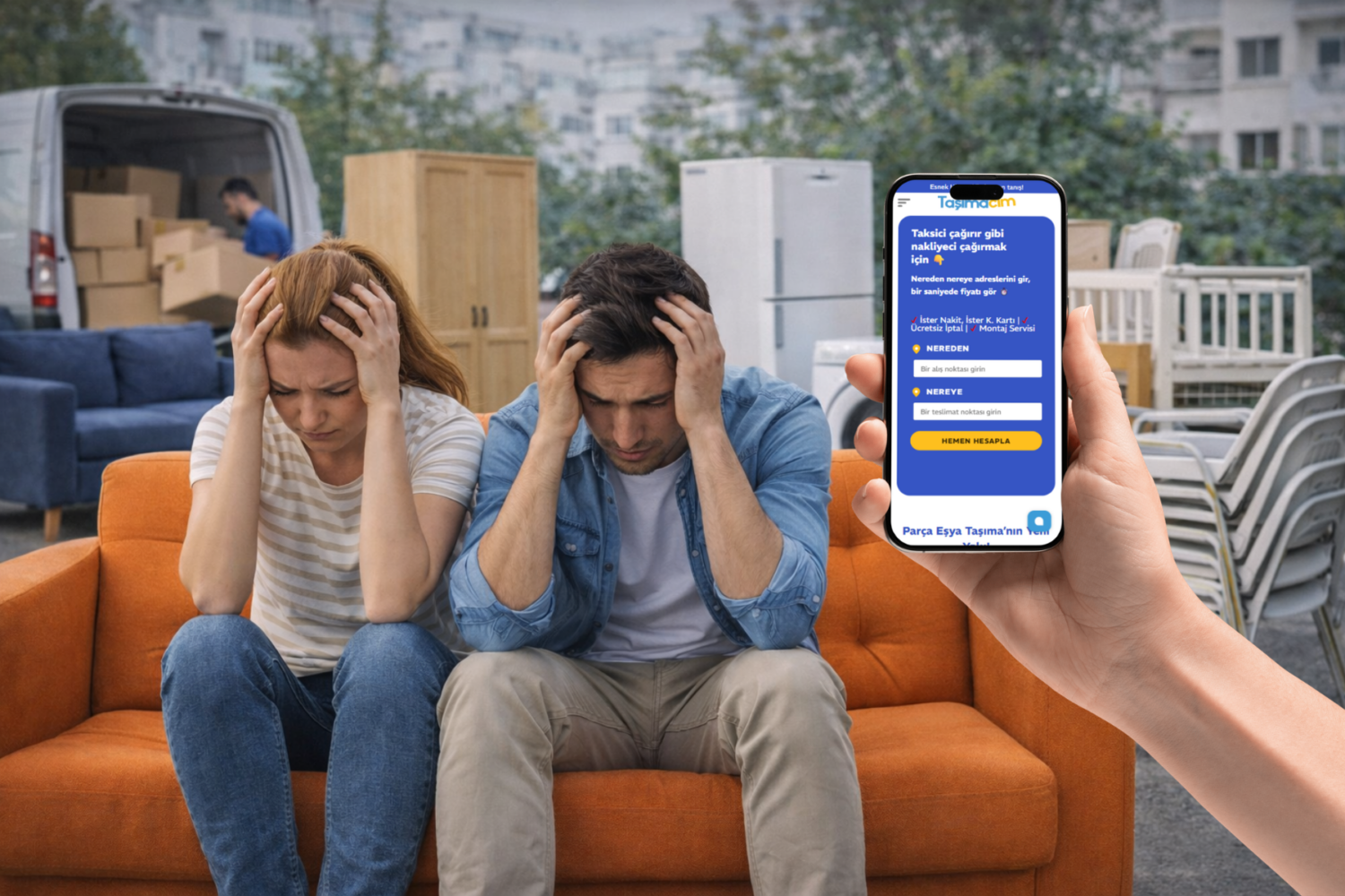 Ev taşımadan eşya taşıma ihtiyacı yaşayan bir çift ve taşınması gereken koltuk, masa ve kutularla şehir içi sahne.