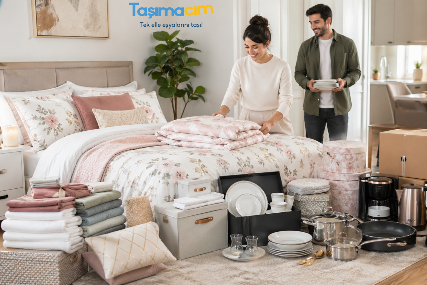 Çeyiz alışverişi için hazırlanmış yatak odası, mutfak kutuları ve ev tekstili ürünleriyle düzenli bir başlangıç sahnesi.