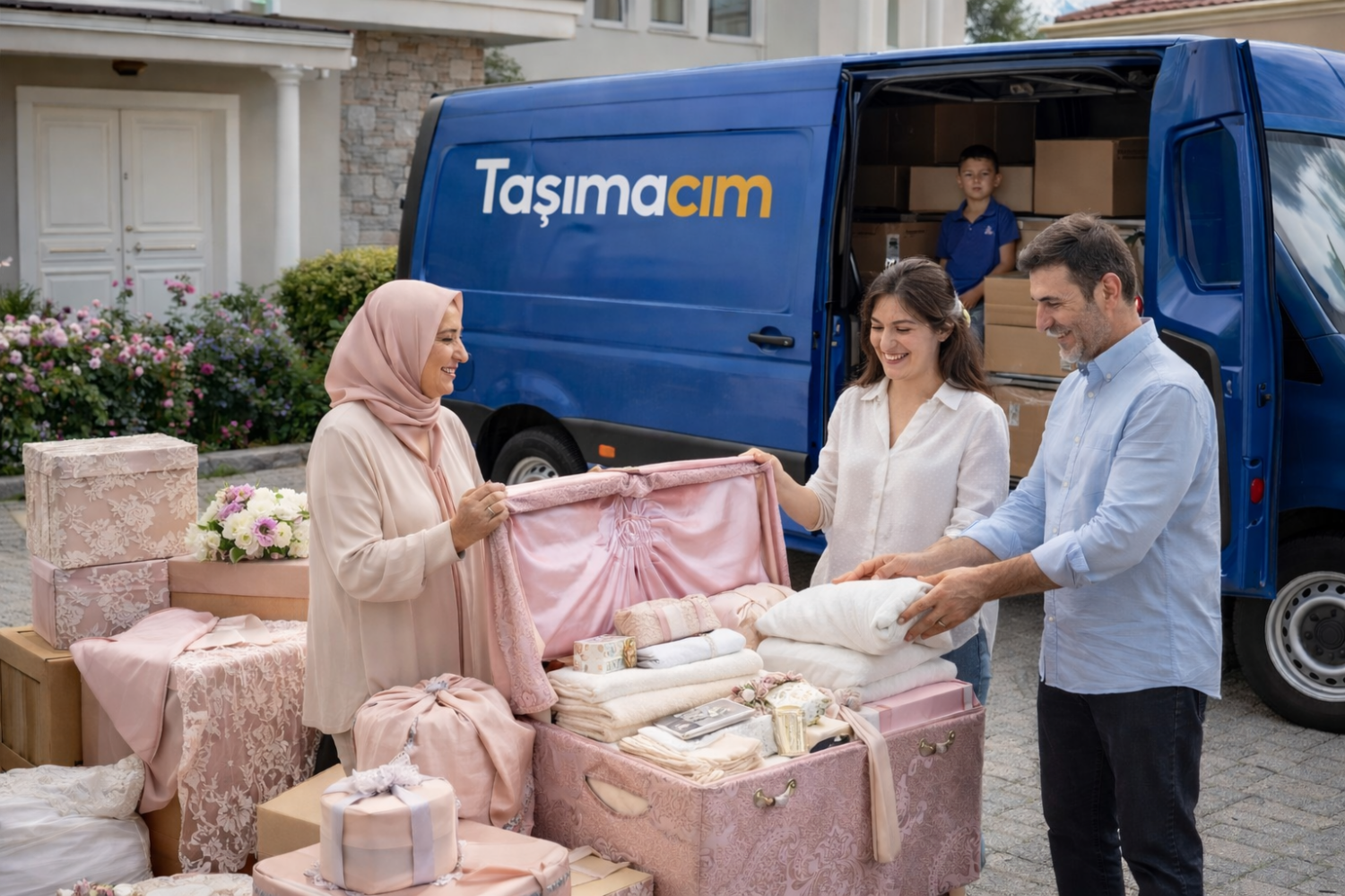 Evde paketlenmiş çeyiz eşyaları, koliler ve yeni eve taşınmaya hazırlanan düzenli bir oda görünümü.