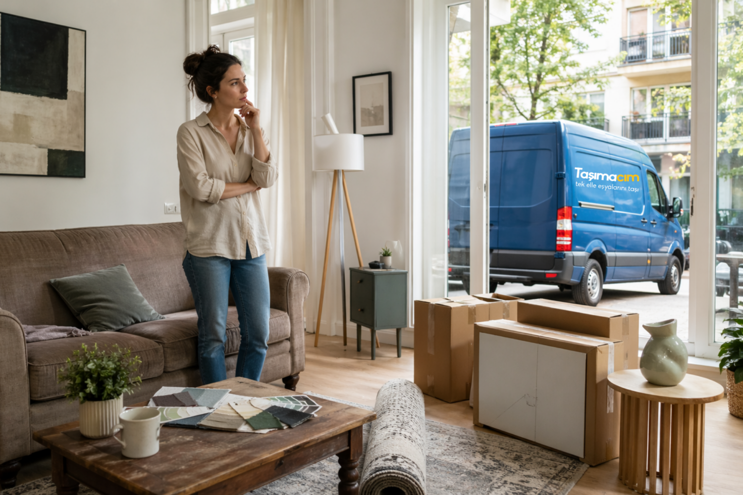 Evini yenilemek isteyen kişi, eski koltuk ve kutuların yanında yeni düzen planlarken dışarıda Taşımacım aracı bekliyor.