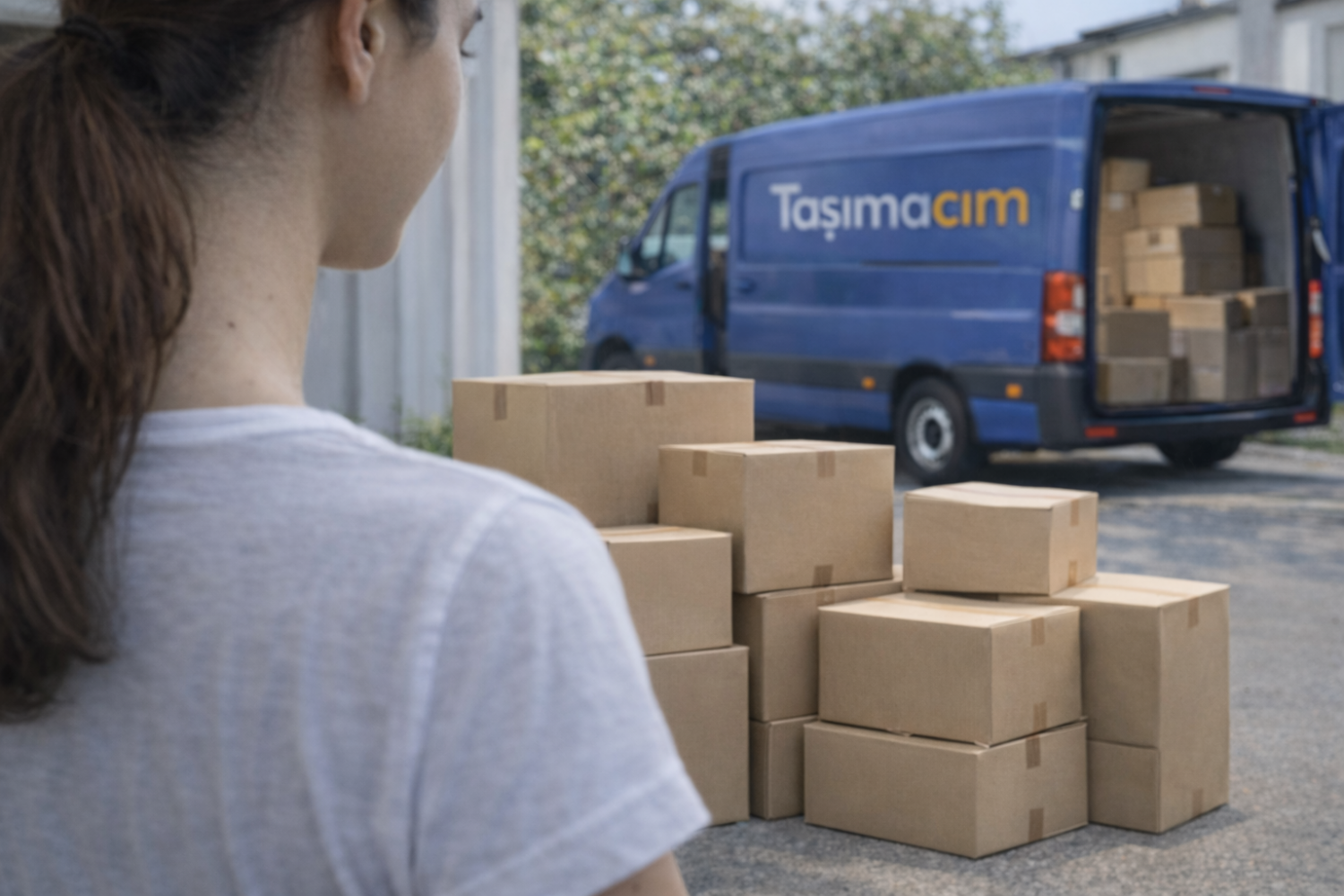 Kadın, evinin önünde paketlenmiş kutulara bakarken arka planda Taşımacım nakliye aracı yükleme için hazır bekliyor.