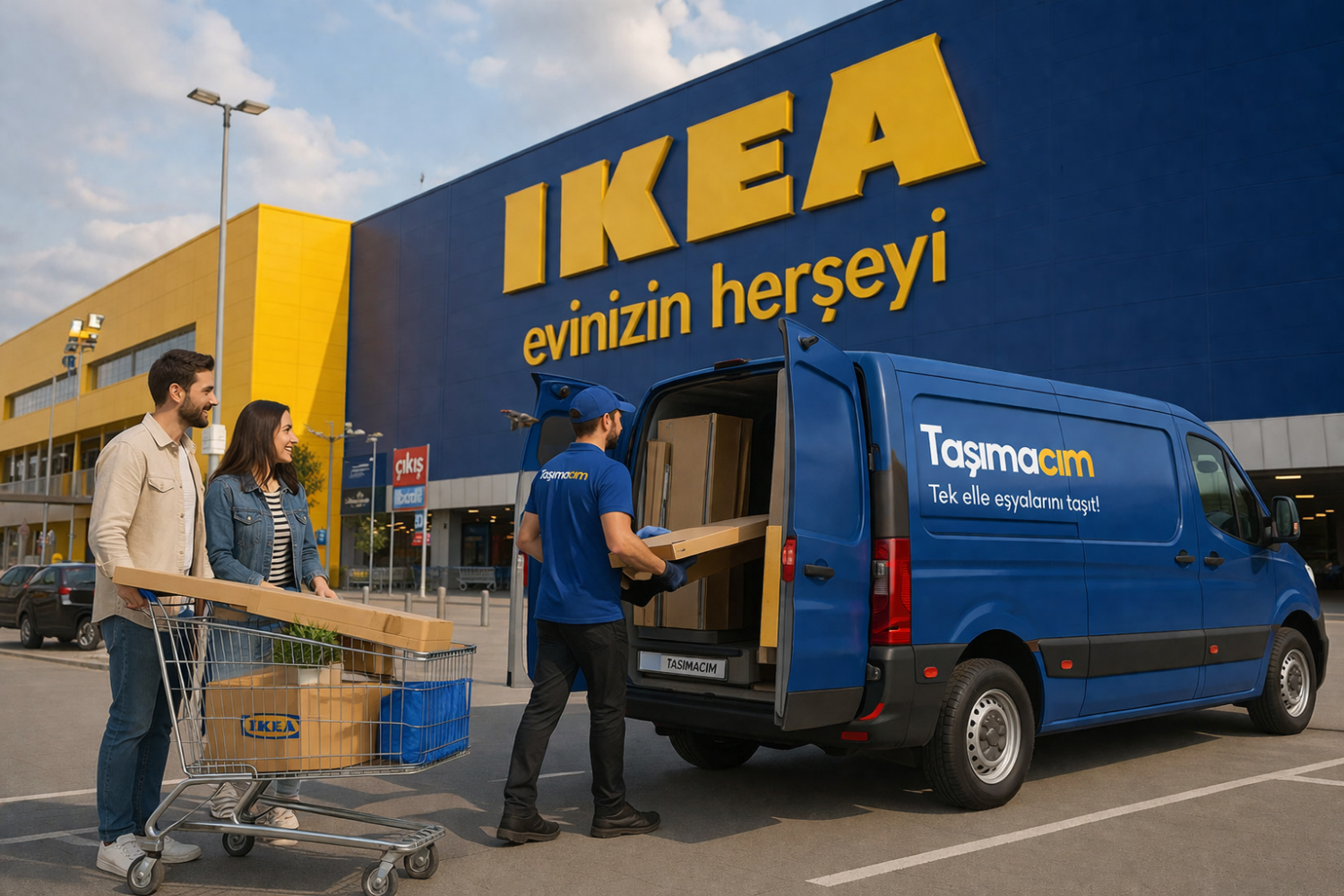 Mobilya mağazası önünde koltuk ve kutularla bekleyen bir çift, taşıma planı yaparken stresli görünüyor.