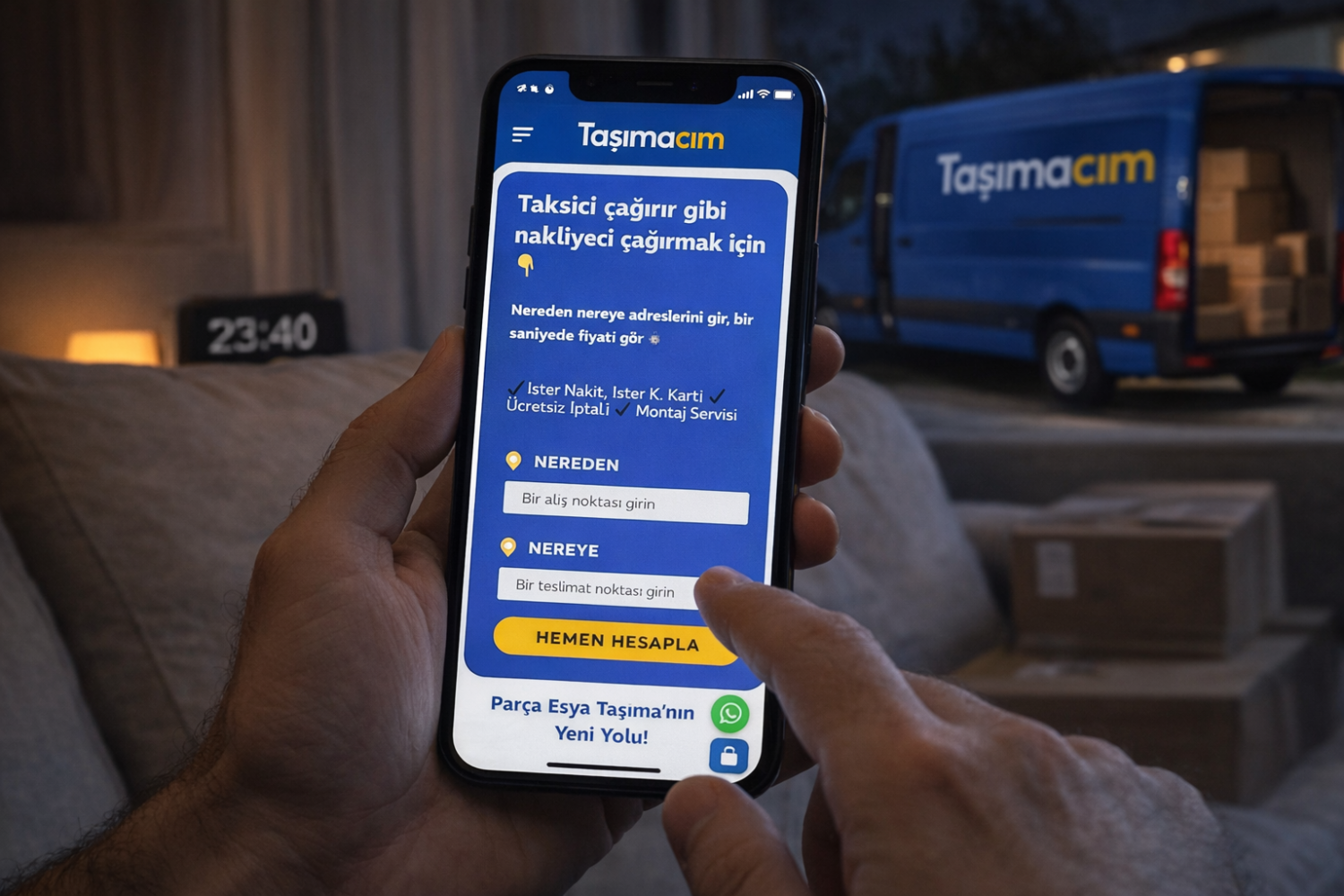 Gece telefonundan taşıma siparişi veren kişi ve kapısına gelen Taşımacım aracı.