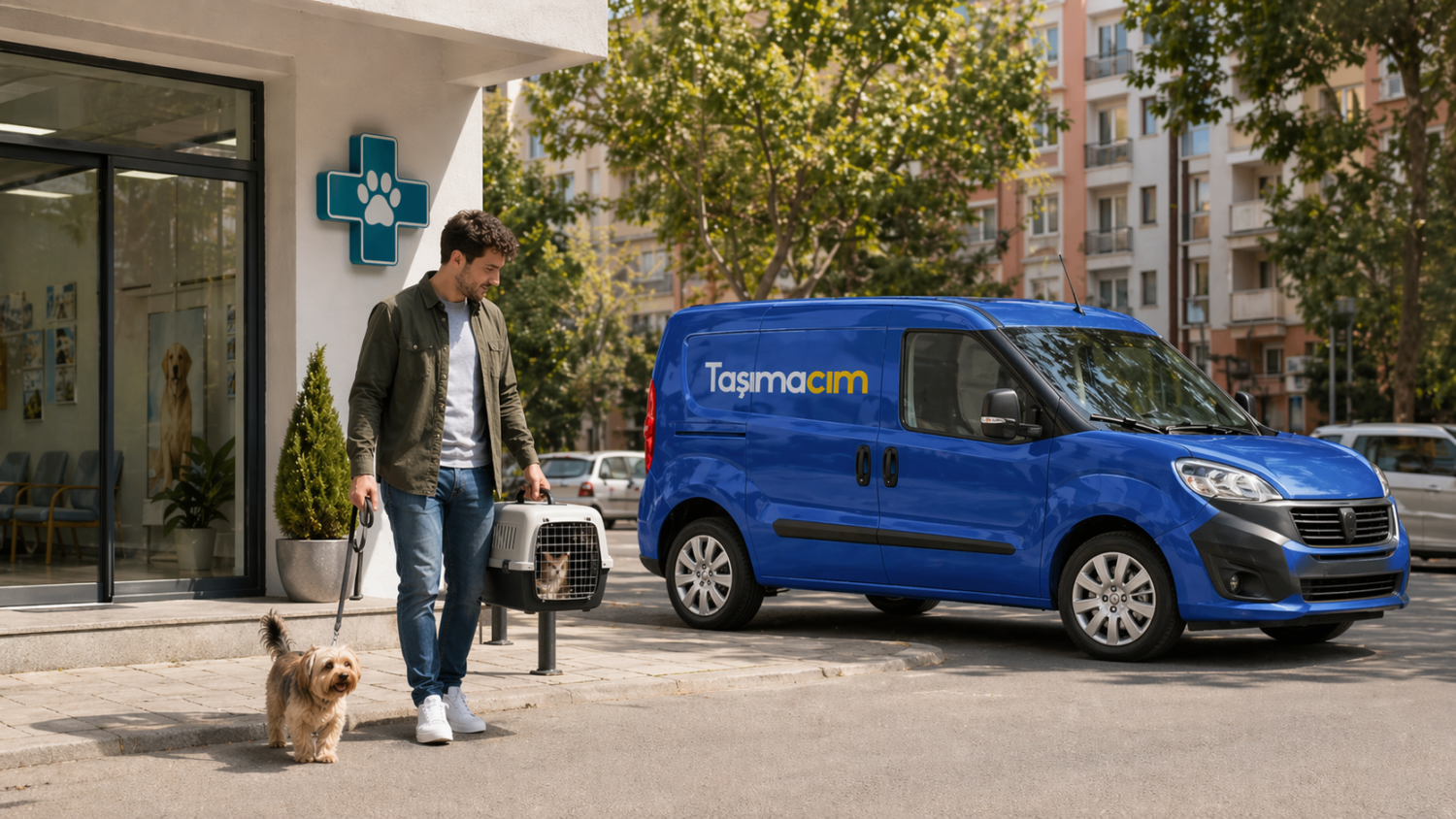 Evcil hayvan sahibi, taşıma çantasıyla veteriner yolculuğu için hazırlanırken yanında pet taksi aracı bekliyor.