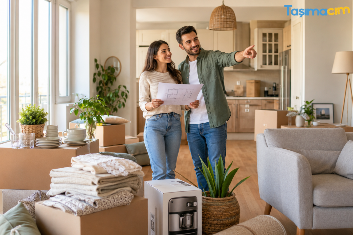 Yeni evli çift, koliler, mobilyalar ve çeyiz eşyalarıyla yeni ev yerleşim planı yapıyor.